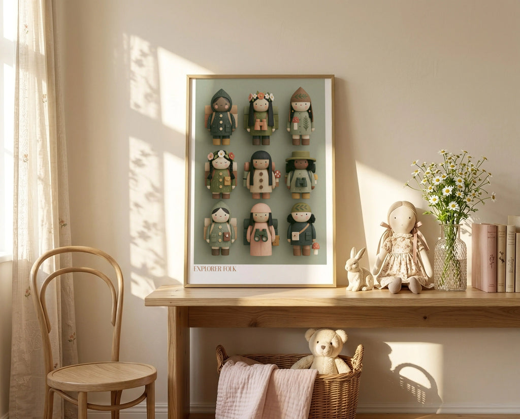 Explorer Folk Kids Poster, Retro Children's Print, Woodland Toy Art, Sage Green Nursery Wall Art