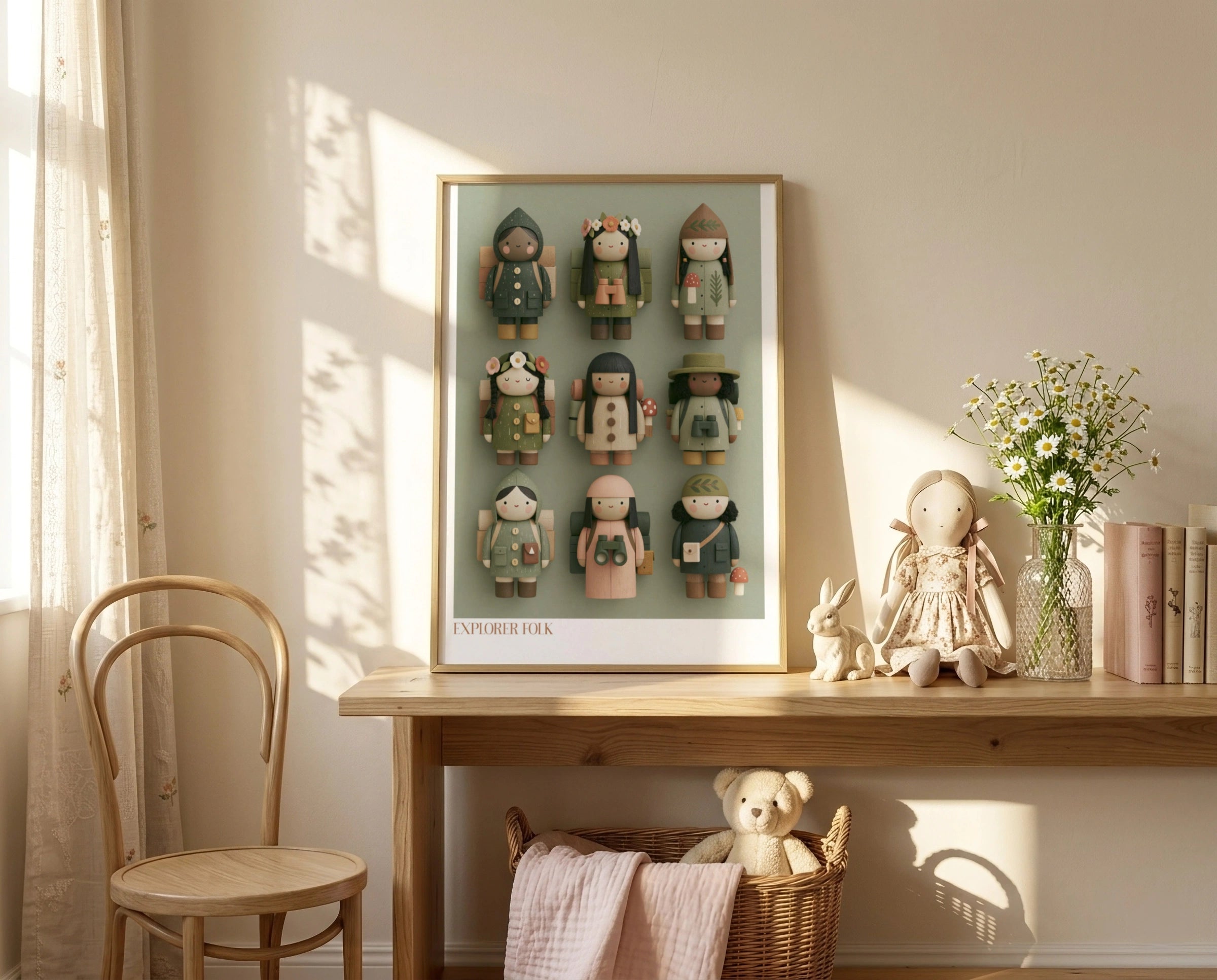 Explorer Folk Kids Poster, Retro Children's Print, Woodland Toy Art, Sage Green Nursery Wall Art