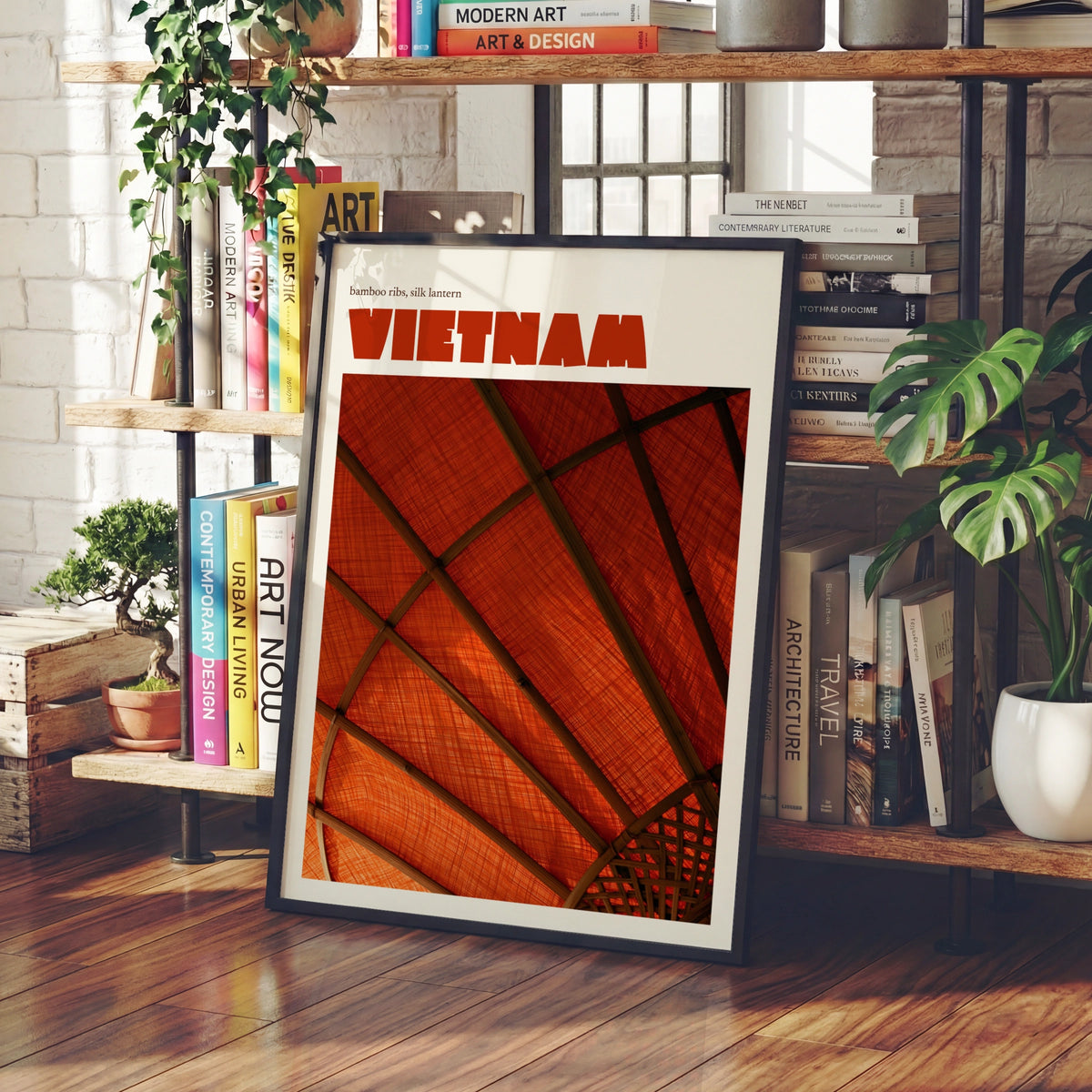 Vietnam Travel Poster, Retro Silk Lantern Print, Red Orange Wall Art, Asian Decor