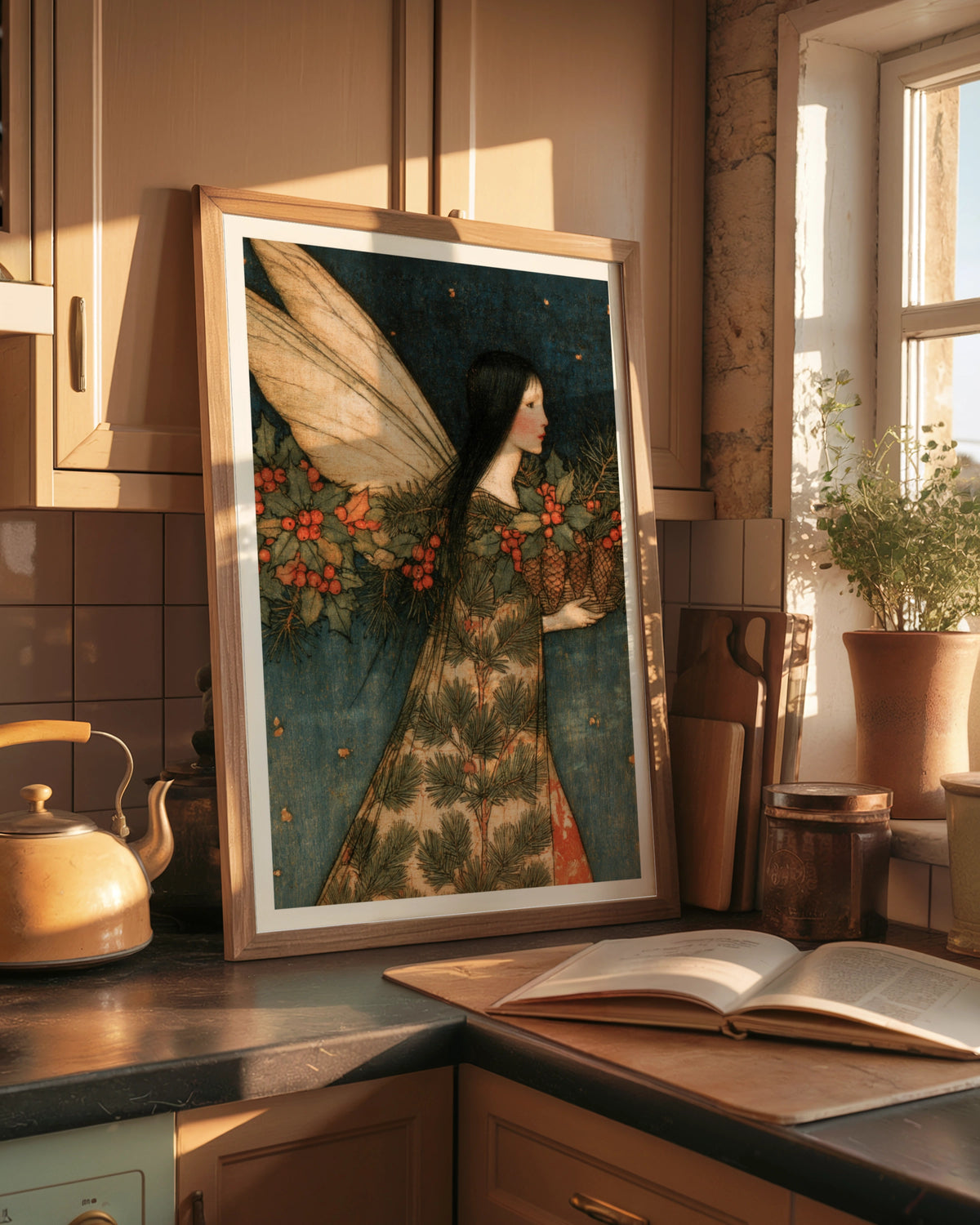Winter Fairy Art Print, Christmas Folk Poster, Holly Berry Pine Cone Classic Inspired Wall Art