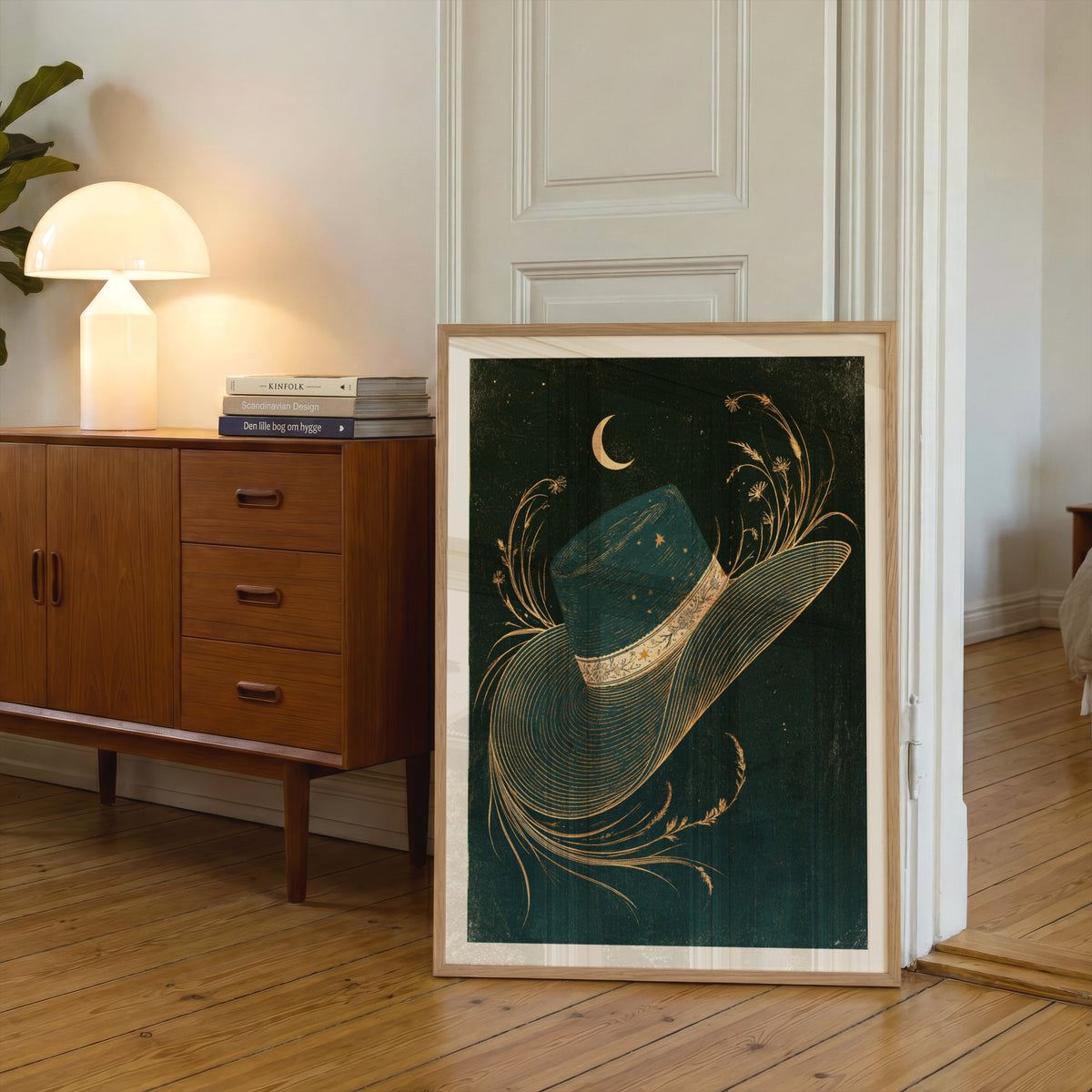 Celestial Straw Hat Art Print, Crescent Moon, Wildflowers, Dark Green Gold Boho Wall Decor Poster