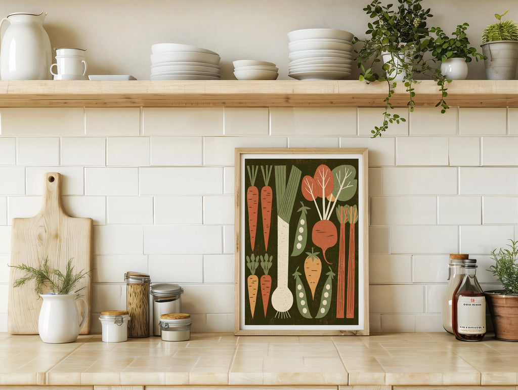 Vintage Food Poster Print, Rustic Kitchen Decor, Retro Mid Century Risograph Vegetable Art