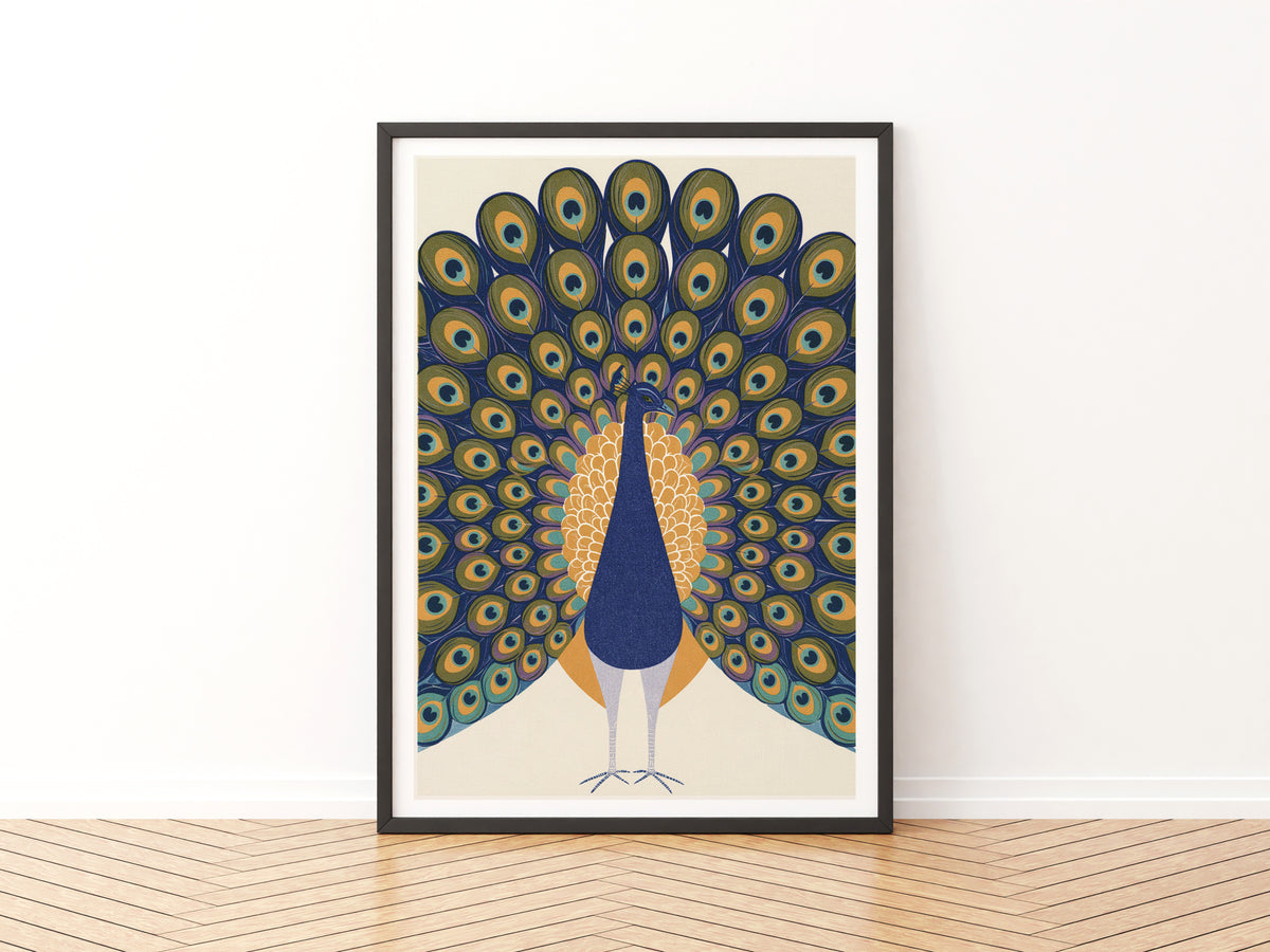 Retro Peacock Print, Vintage Style Bird Poster, Mid Century Animal Wall Art, Navy Blue Gold Feathers