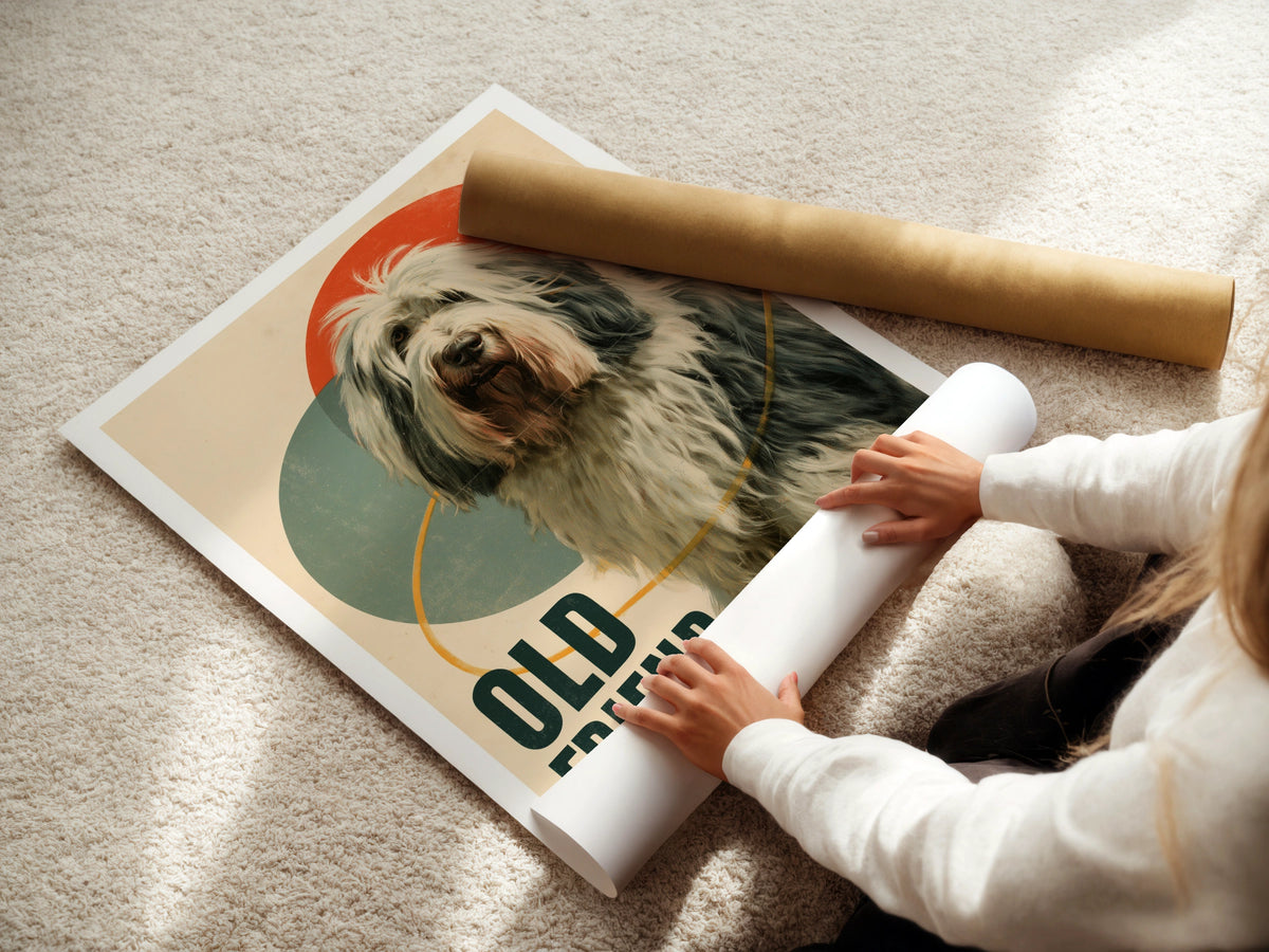 Old English Sheepdog Retro Poster, Vintage Dog Print, Folk Wall Art, Bobtail Gift