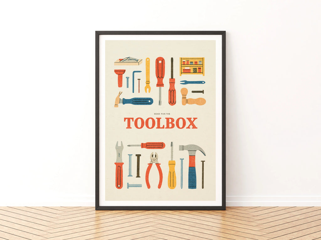 Retro Toolbox Poster, Vintage Tools Wall Art Print, Workshop Decor, Gift for DIY Fan