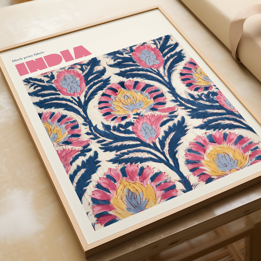 India Block Print Fabric Contemporary Travel Art, Floral Wall Art Print, Pink Blue