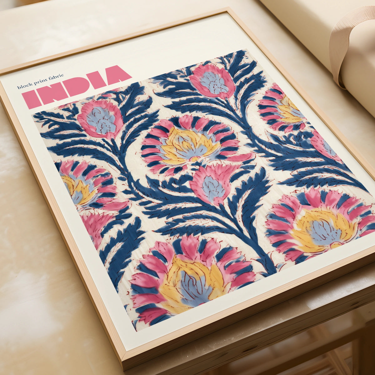 India Block Print Fabric Contemporary Travel Art, Floral Wall Art Print, Pink Blue