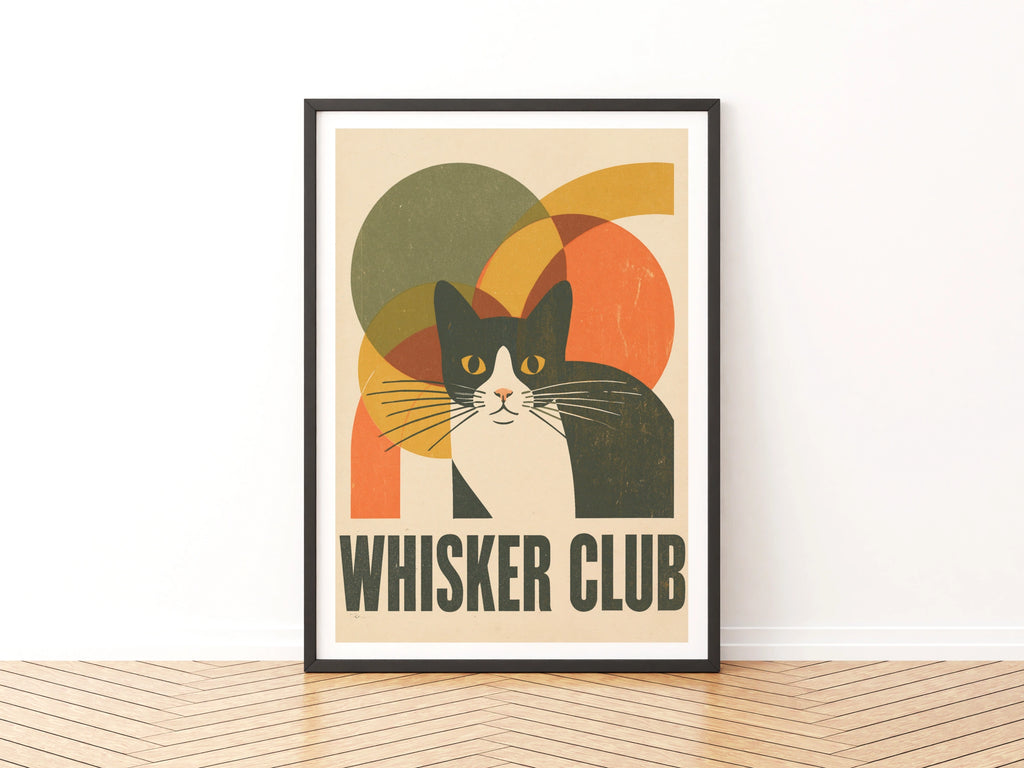 Whisker Club Retro Cat Print, Tuxedo Cat Wall Art, Mid Century Modern Cat Gift