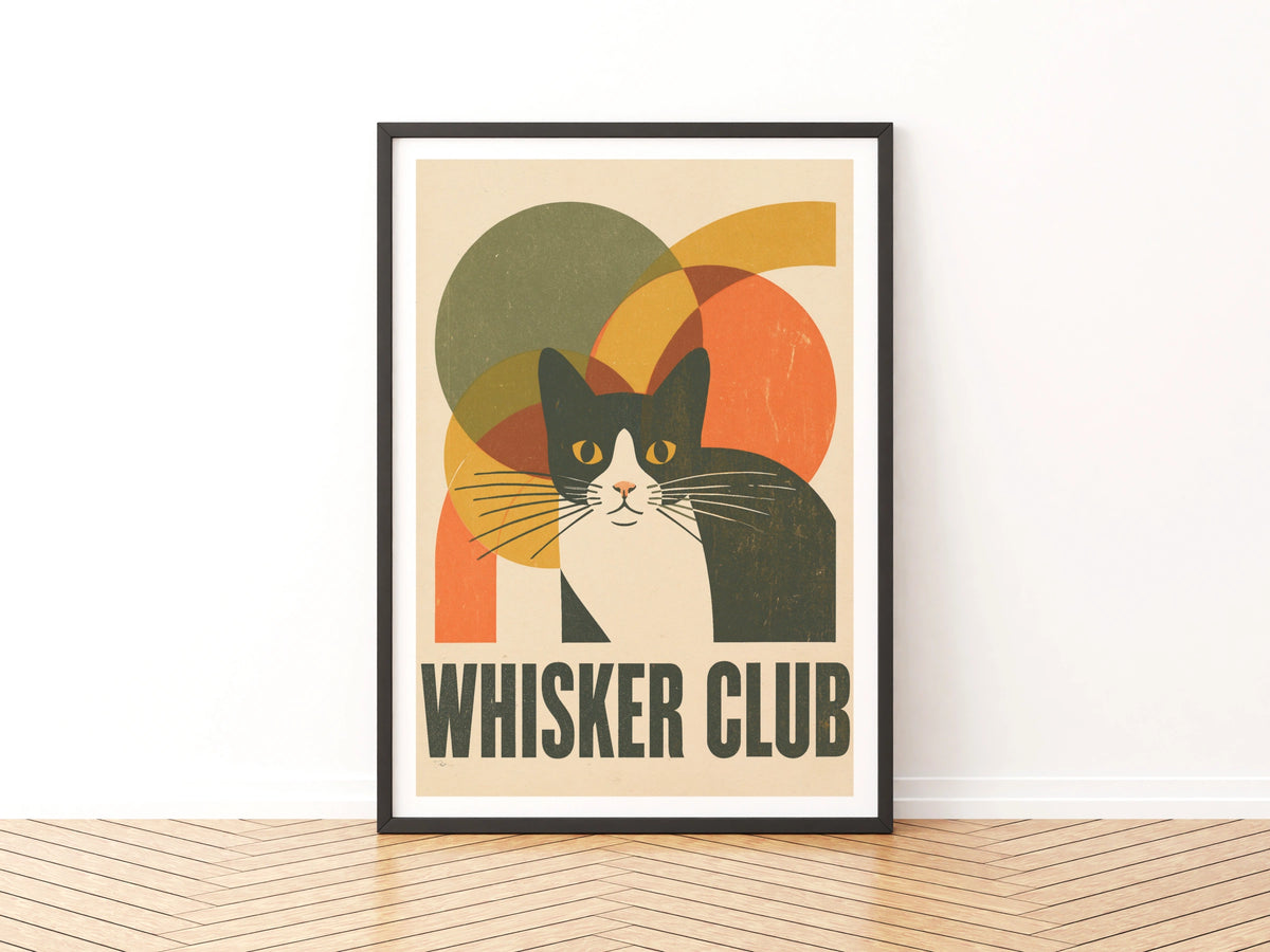 Whisker Club Retro Cat Print, Tuxedo Cat Wall Art, Mid Century Modern Cat Gift