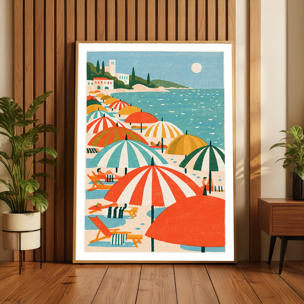 Retro Mediterranean Beach Poster, Colourful Striped Umbrellas, Vintage Summer Travel Print Wall Art