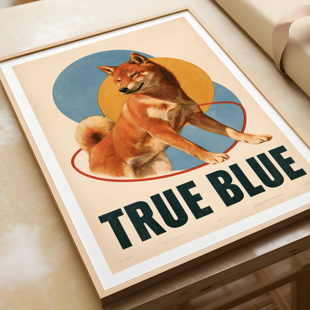 Shiba Inu Retro Dog Print, True Blue Folk Poster, Vintage Style Wall Art