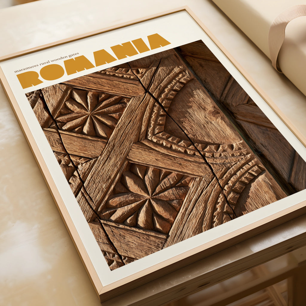 Romania Travel Poster, Contemporary Maramures Wooden Gate Print, Eastern Europe Wall Art