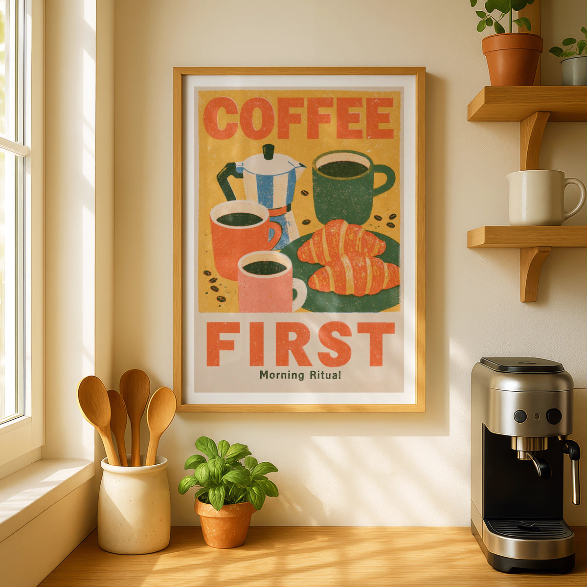 Coffee First Vintage Food Poster Print | Rustic Kitchen Decor | Retro Mid Century Risograph