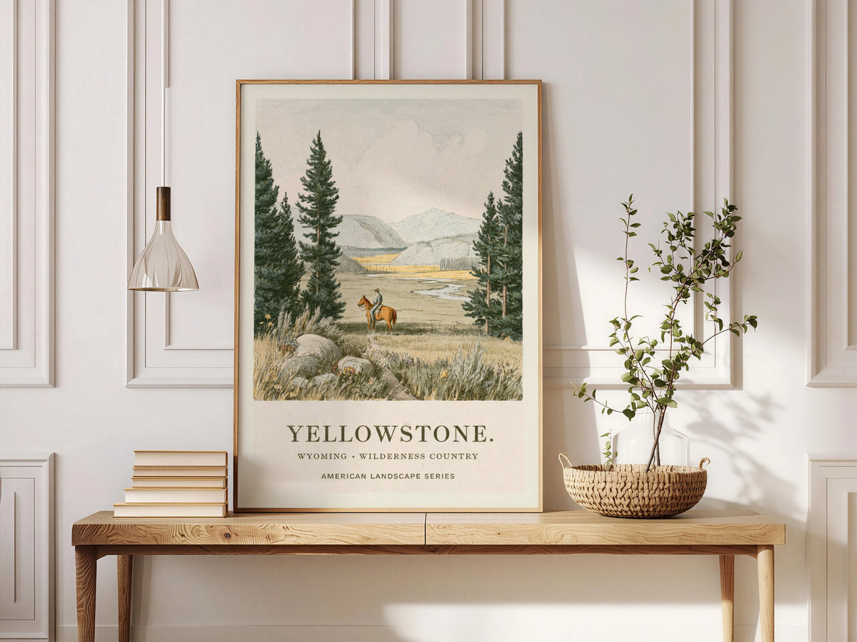 Yellowstone Wyoming Print, Vintage Landscape Poster, Cowboy on Horseback, Pine Forest Mountain Wall