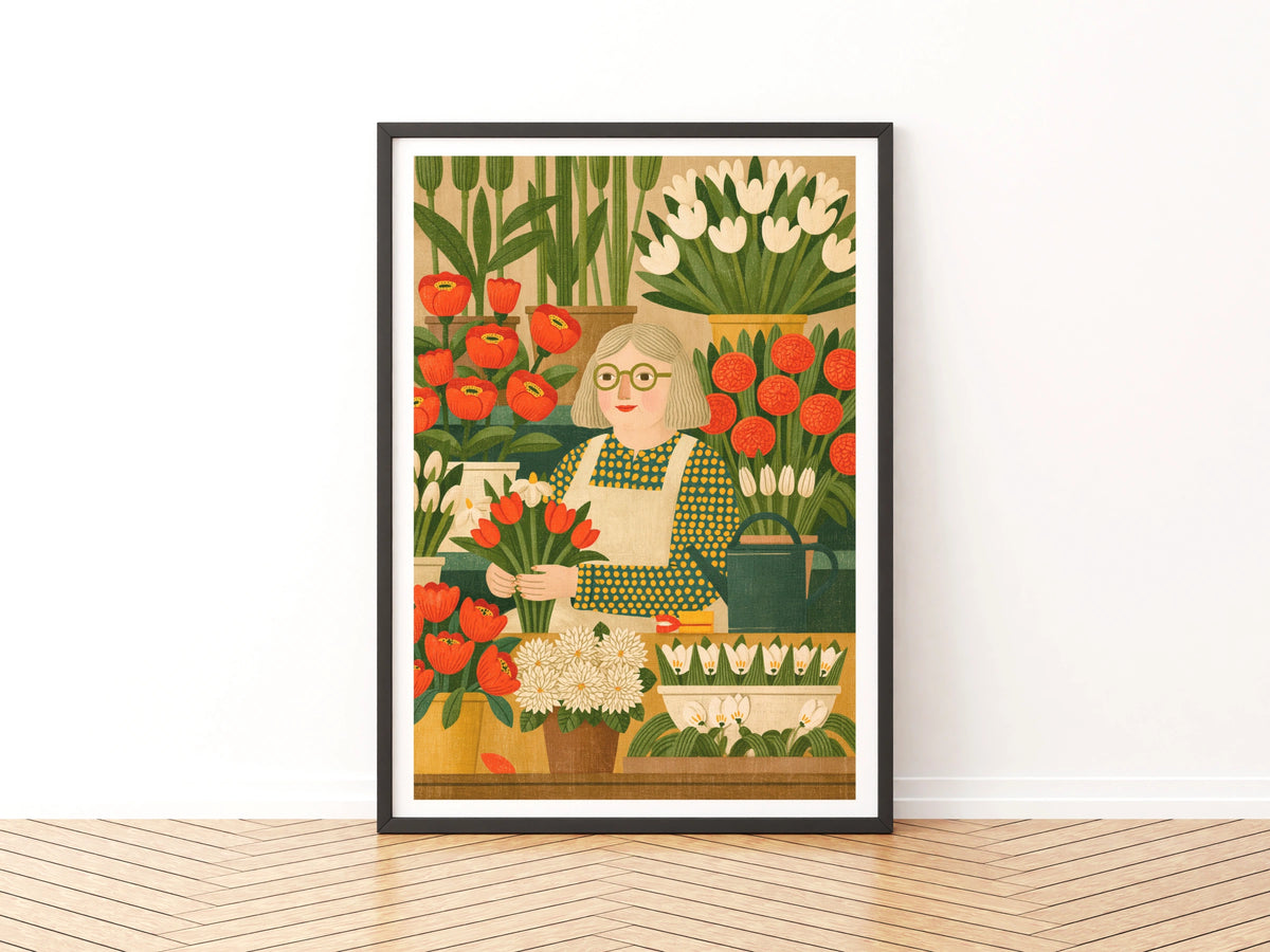 Vintage Florist Poster, Flower Shop Wall Art, Retro Botanical Print, Red Tulips Illustration