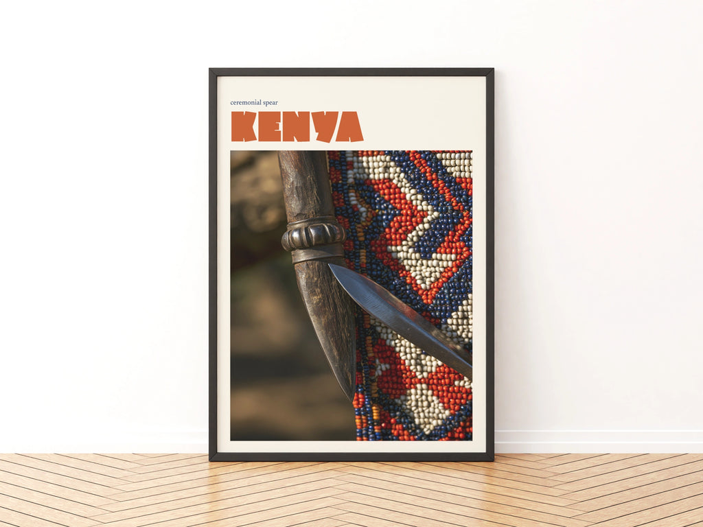 Kenya Travel Print, Contemporary African Wall Art, Maasai Ceremonial Spear, Beadwork Decor