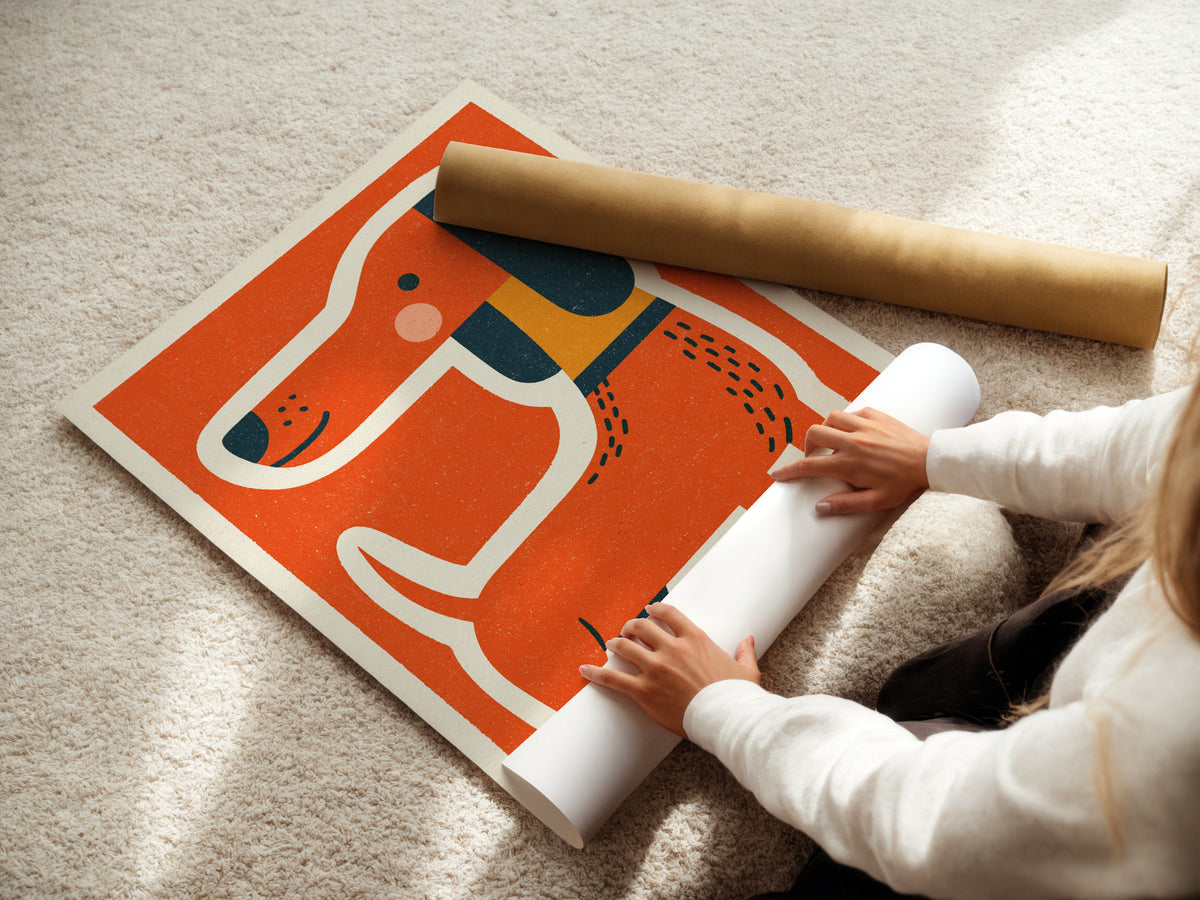 Retro Dog Print, Dachshund Wall Art, Orange Sausage Dog Illustration, Mid Century Animal Art