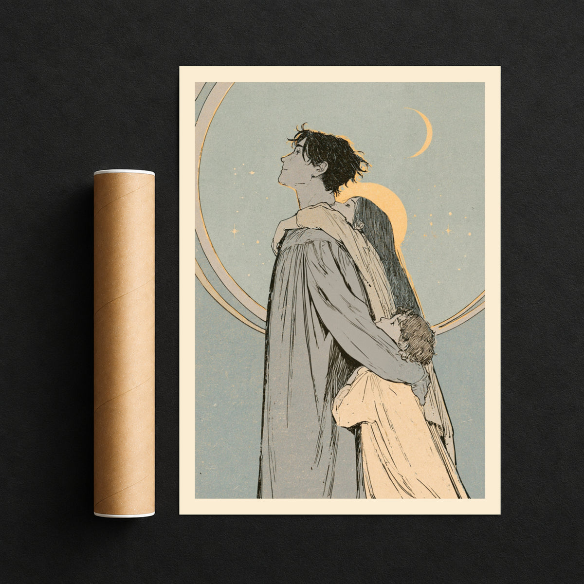 Celestial Family Embrace Art Print, Crescent Moon and Stars Wall Art, Art Nouveau Vintage Style