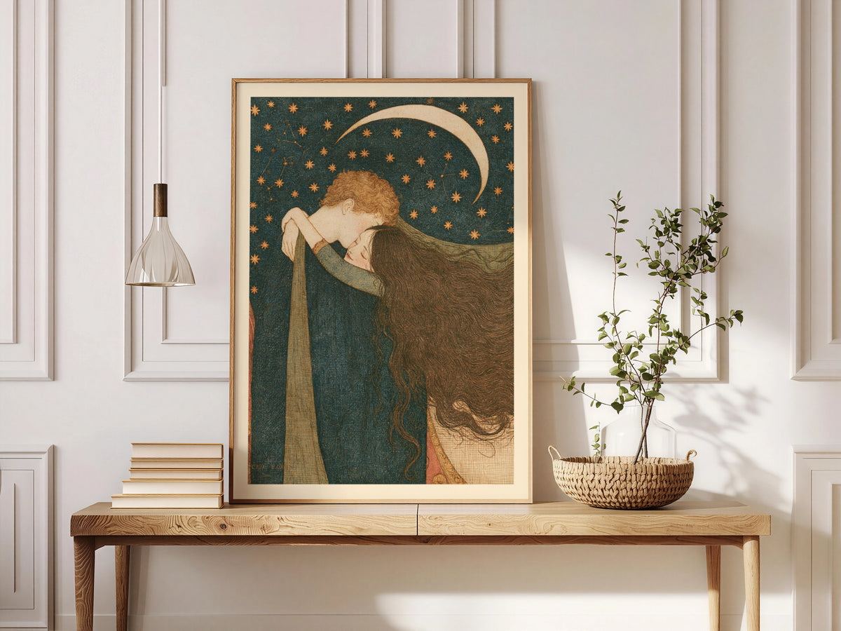 Celestial Lovers Wall Art, Crescent Moon and Stars Print, Romantic Vintage Poster, Bedroom Decor
