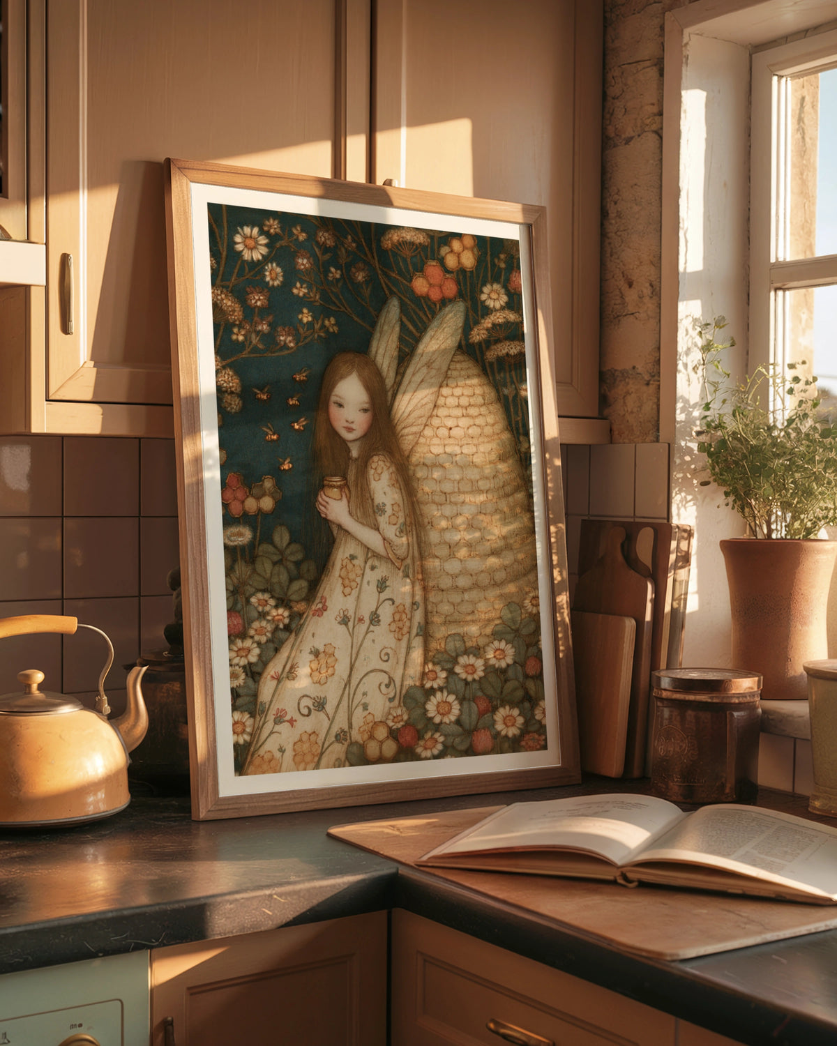 Fairy Girl Bee Skep Print, Classic Folk Art Poster, Floral Botanical Whimsical Wall Art