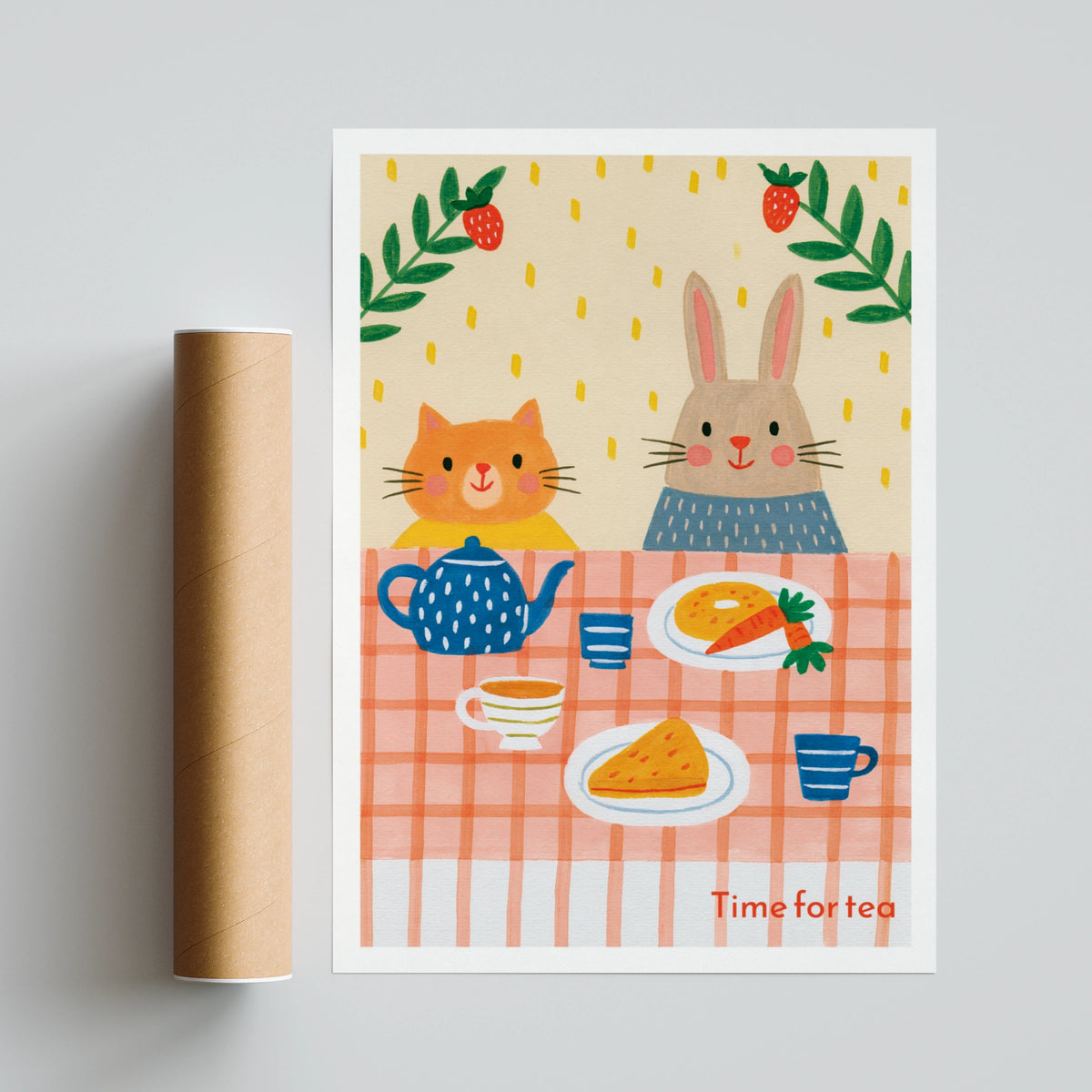 Time for Tea Retro Children's Print, Cat Rabbit Tea Party Poster, Kids Wall Art