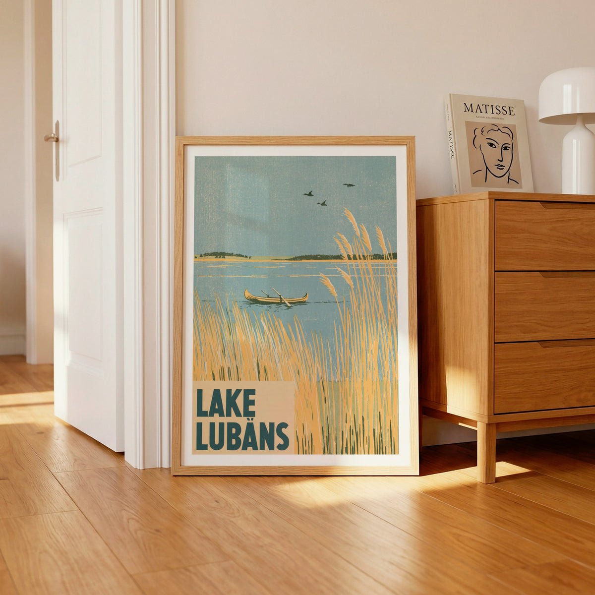Retro Lake Lubans Poster, Vintage Travel Print, Latvia Wall Art, Reed Lake Landscape, Woodblock
