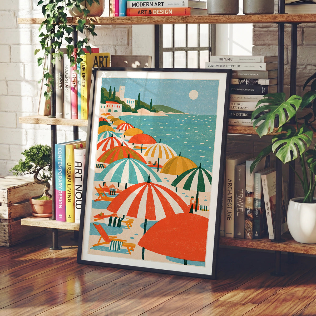 Retro Mediterranean Beach Poster, Colourful Striped Umbrellas, Vintage Summer Travel Print Wall Art