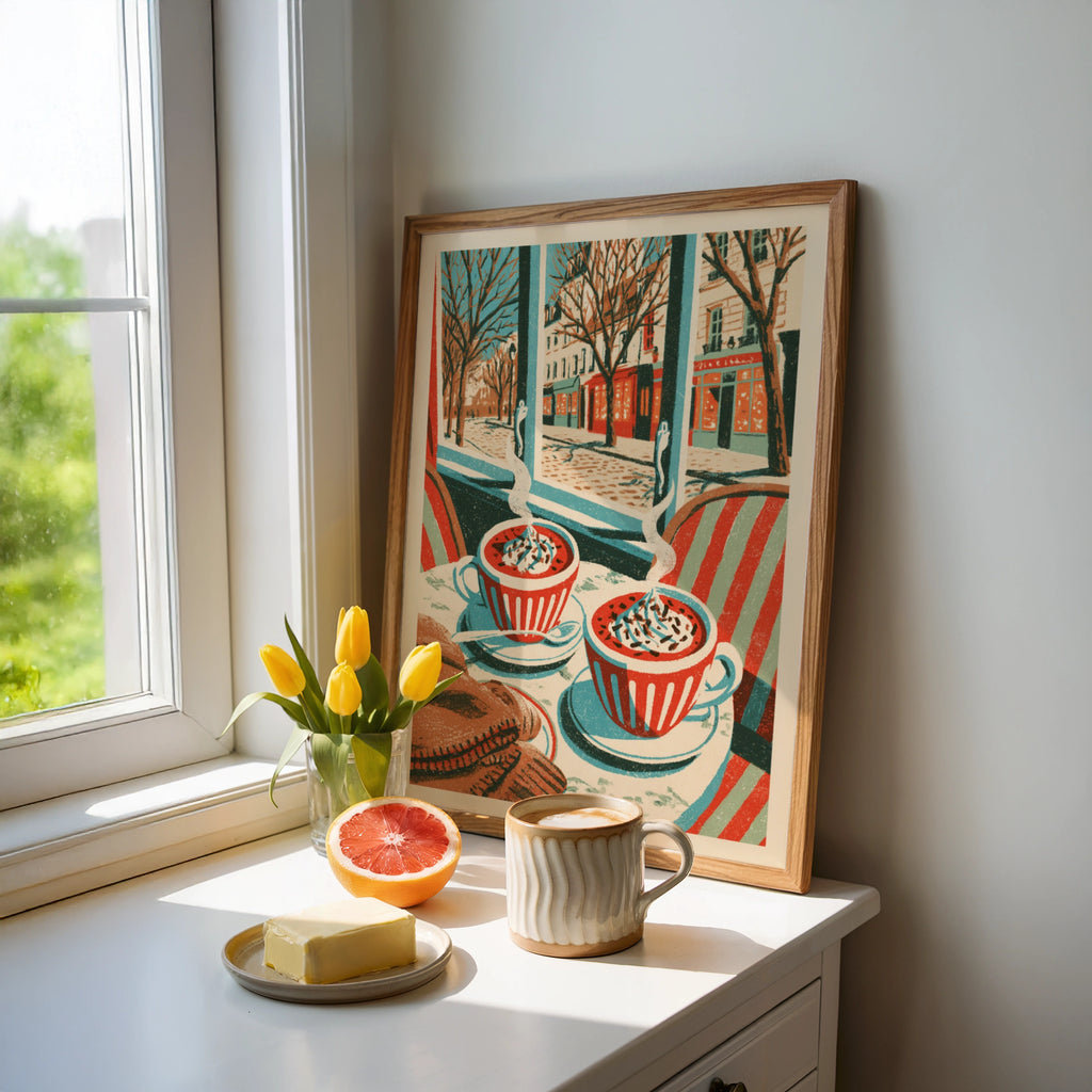 Vintage Food Poster Print Paris Cafe Hot Chocolate, Rustic Kitchen Decor Retro Mid Century Risograph