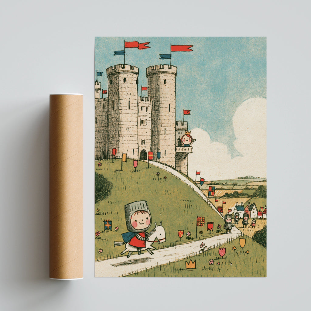 Retro Knight Castle Kids Print, Children's Wall Art, Medieval Nursery Poster Collectable