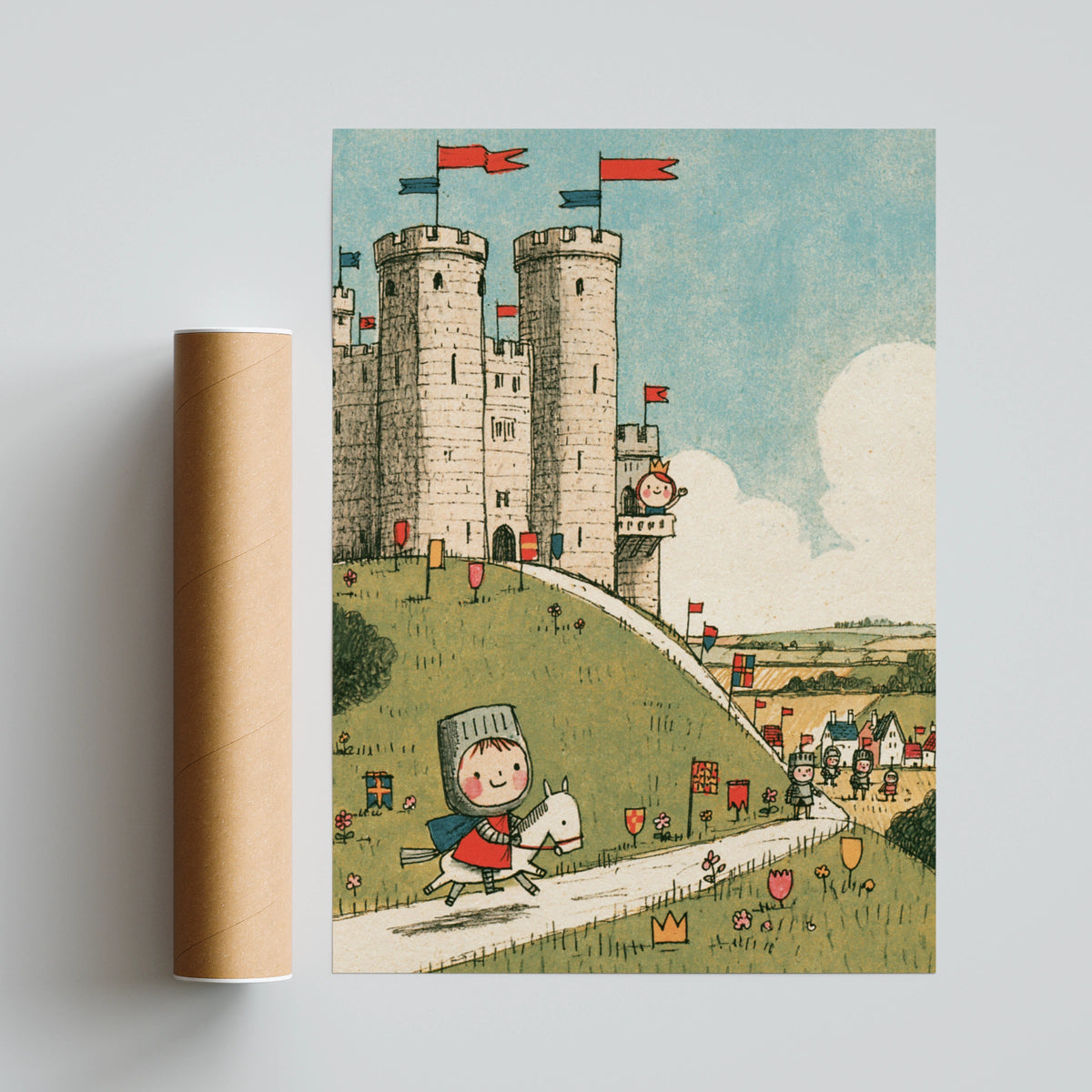 Retro Knight Castle Kids Print, Children's Wall Art, Medieval Nursery Poster Collectable