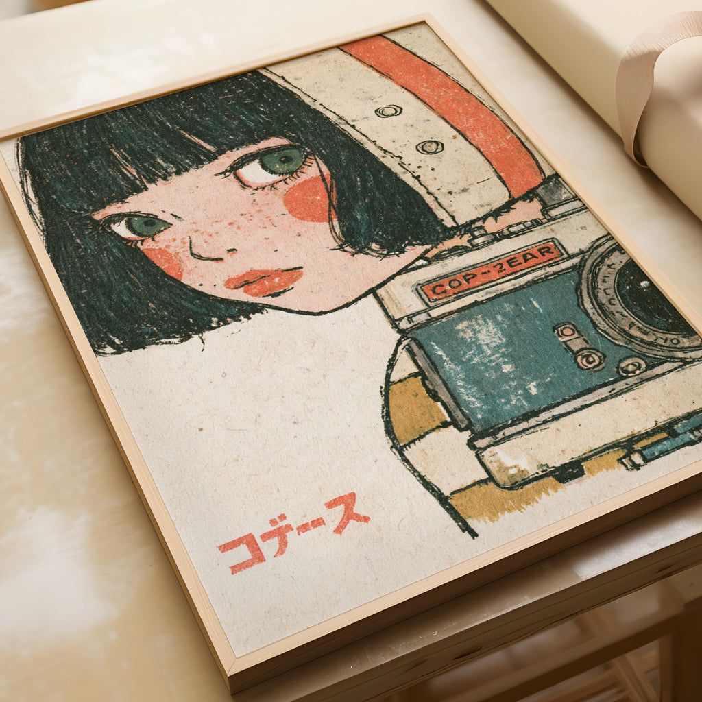Retro Japanese Girl Camera Poster, 1960s Vintage Anime Style Art Print, Kawaii Wall Decor