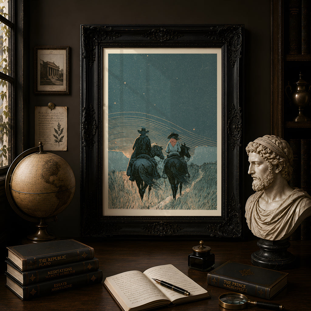 Cowboy and Cowgirl Riding Horses Under Stars, Western Wall Art, Vintage Night Sky Poster Print