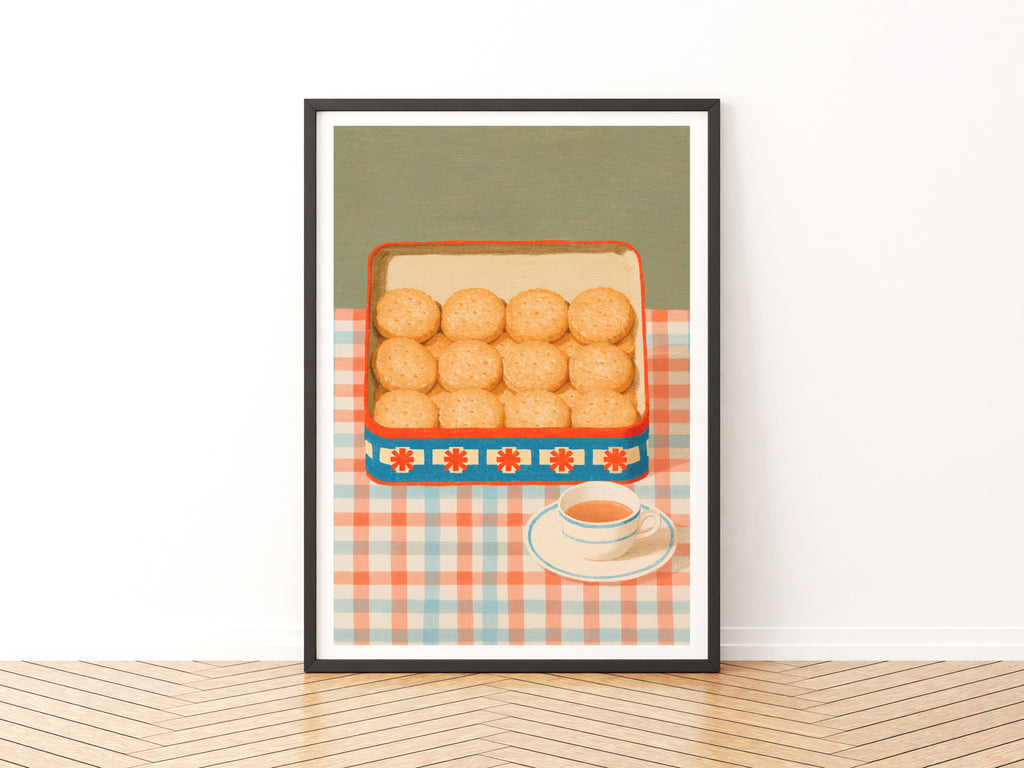 Vintage Food Poster Print, Biscuit Tin and Tea Cup, Rustic Kitchen Decor, Retro Mid Century