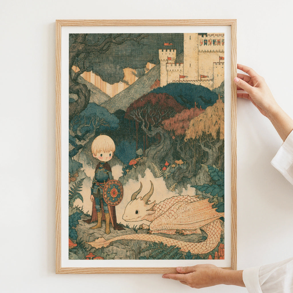 Retro Children's Print, Boy Knight Dragon Castle, Fantasy Kids Wall Art Poster