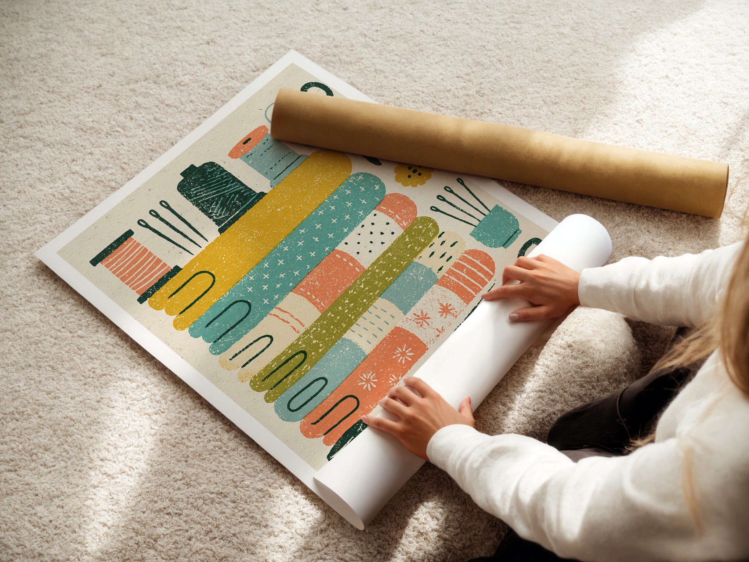 Sew Time Retro Sewing Print, Craft Room Wall Art, Fabric Scissors Thread Poster