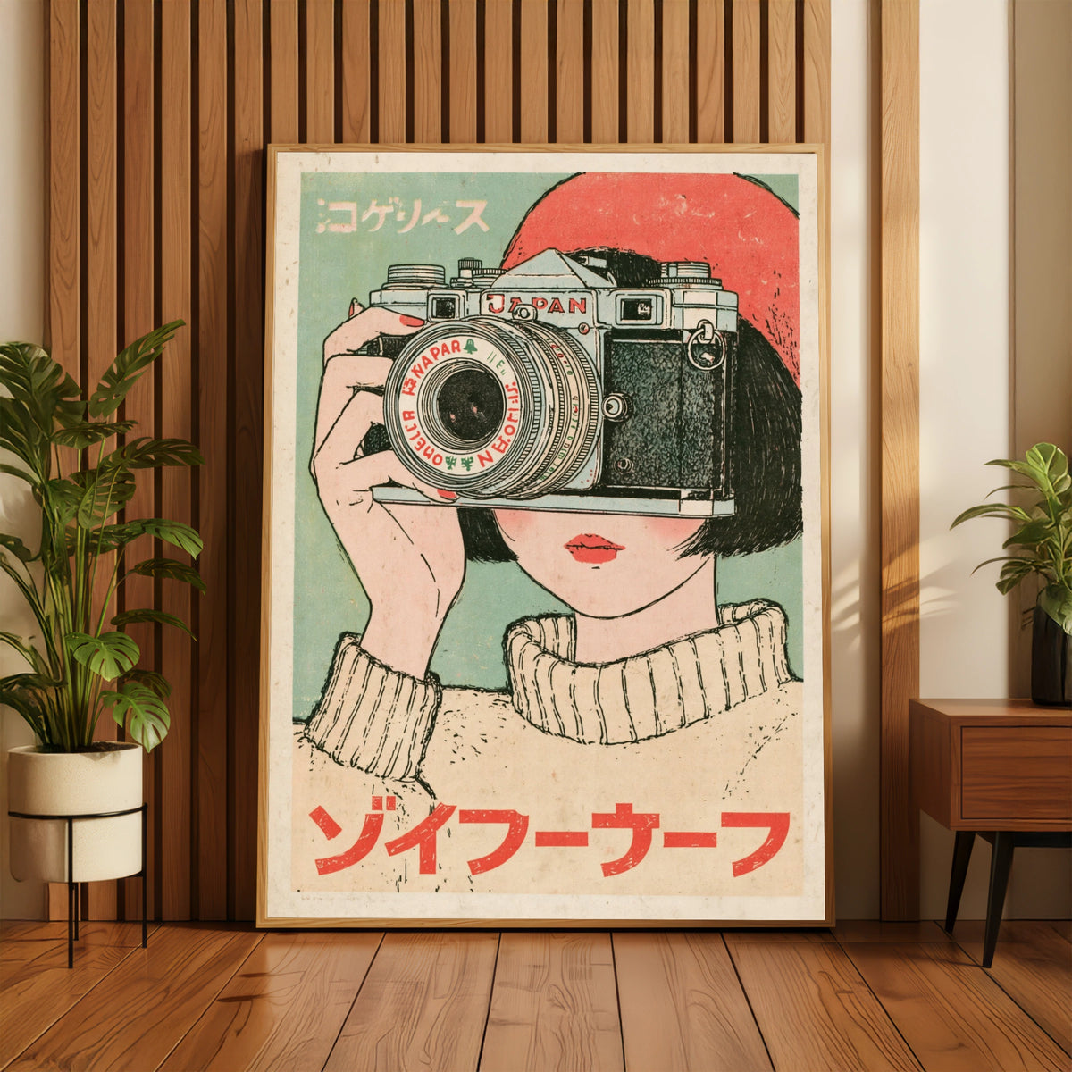 Vintage Japanese Camera Poster, Retro Boho Japan Photography Wall Art Print, Anime Girl