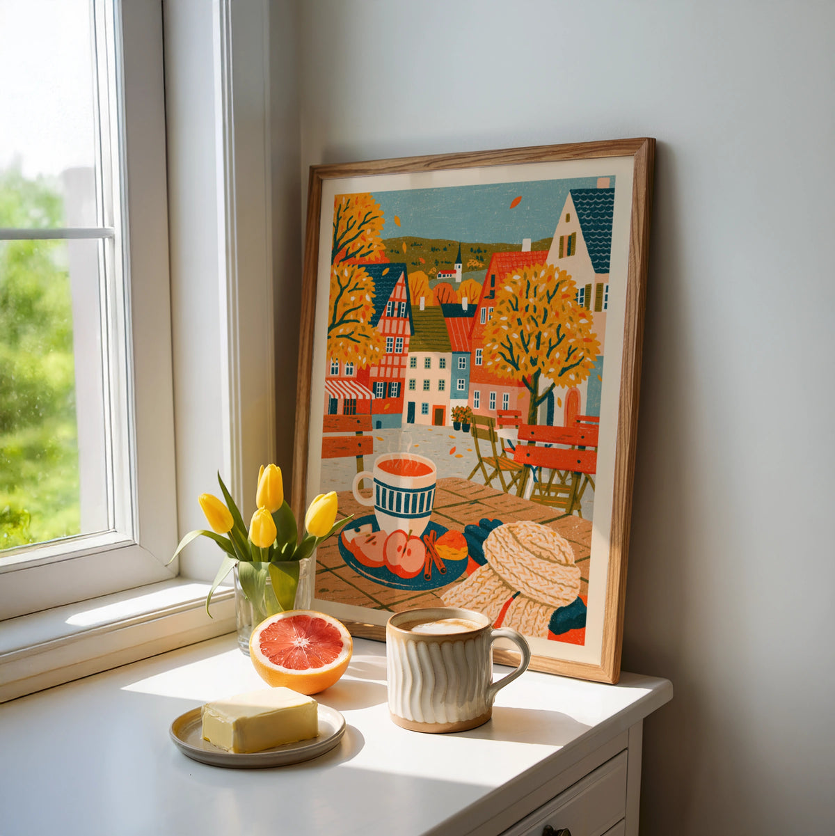 Vintage Food Poster Print, Autumn Cafe Scene, Rustic Kitchen Decor, Retro Mid Century Risograph Art