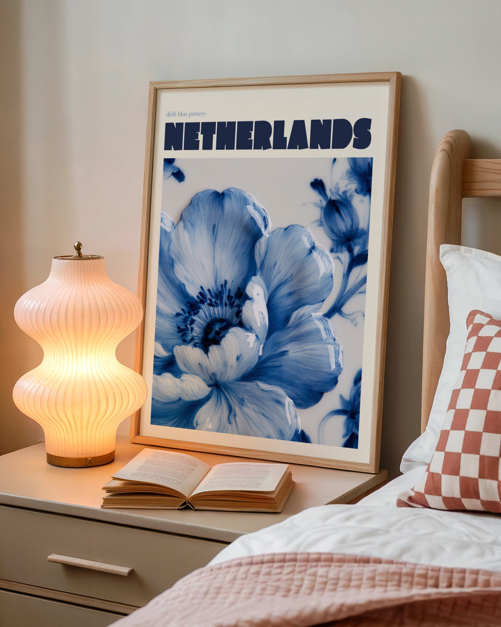 Netherlands Modern Travel Poster, Delft Blue Pottery Floral Wall Art Print
