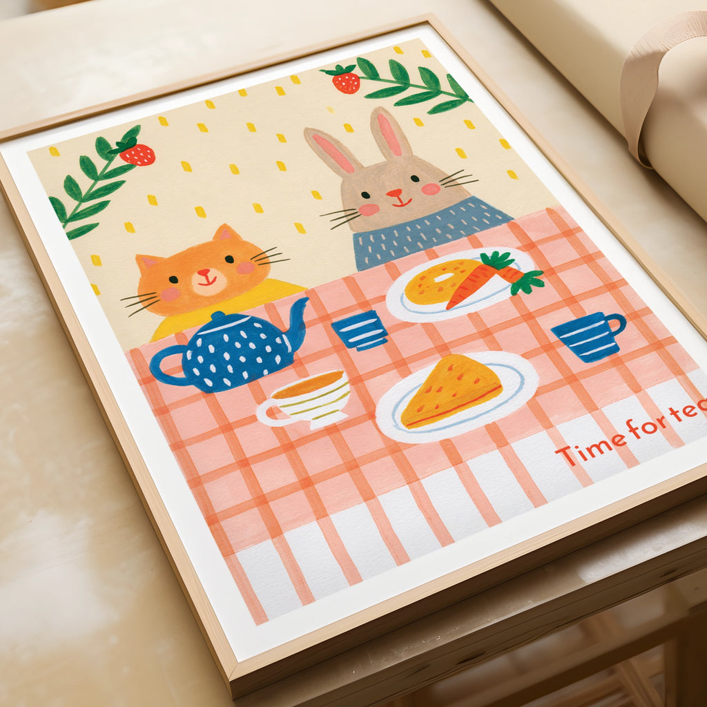 Time for Tea Retro Children's Print, Cat Rabbit Tea Party Poster, Kids Wall Art