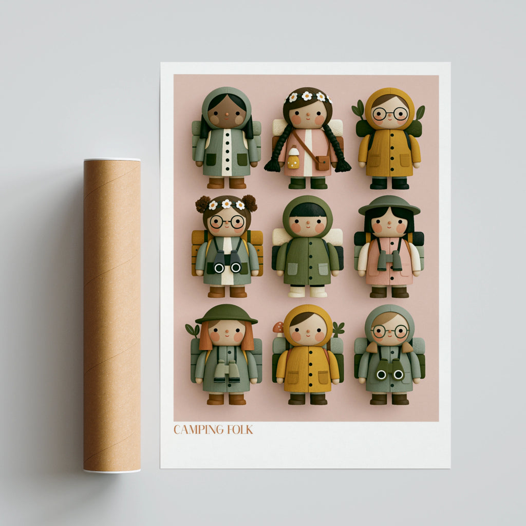 Camping Folk Retro Kids Wall Art, Cute Hiking Characters Poster, Children's Collectable Print