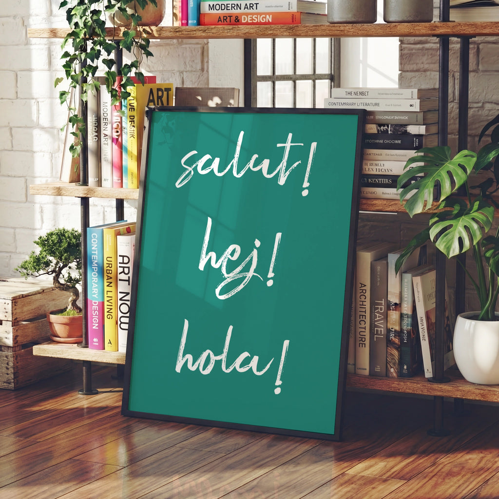 Salut Hej Hola Typography Print, Multilingual Hello Poster, Teal Word Wall Art