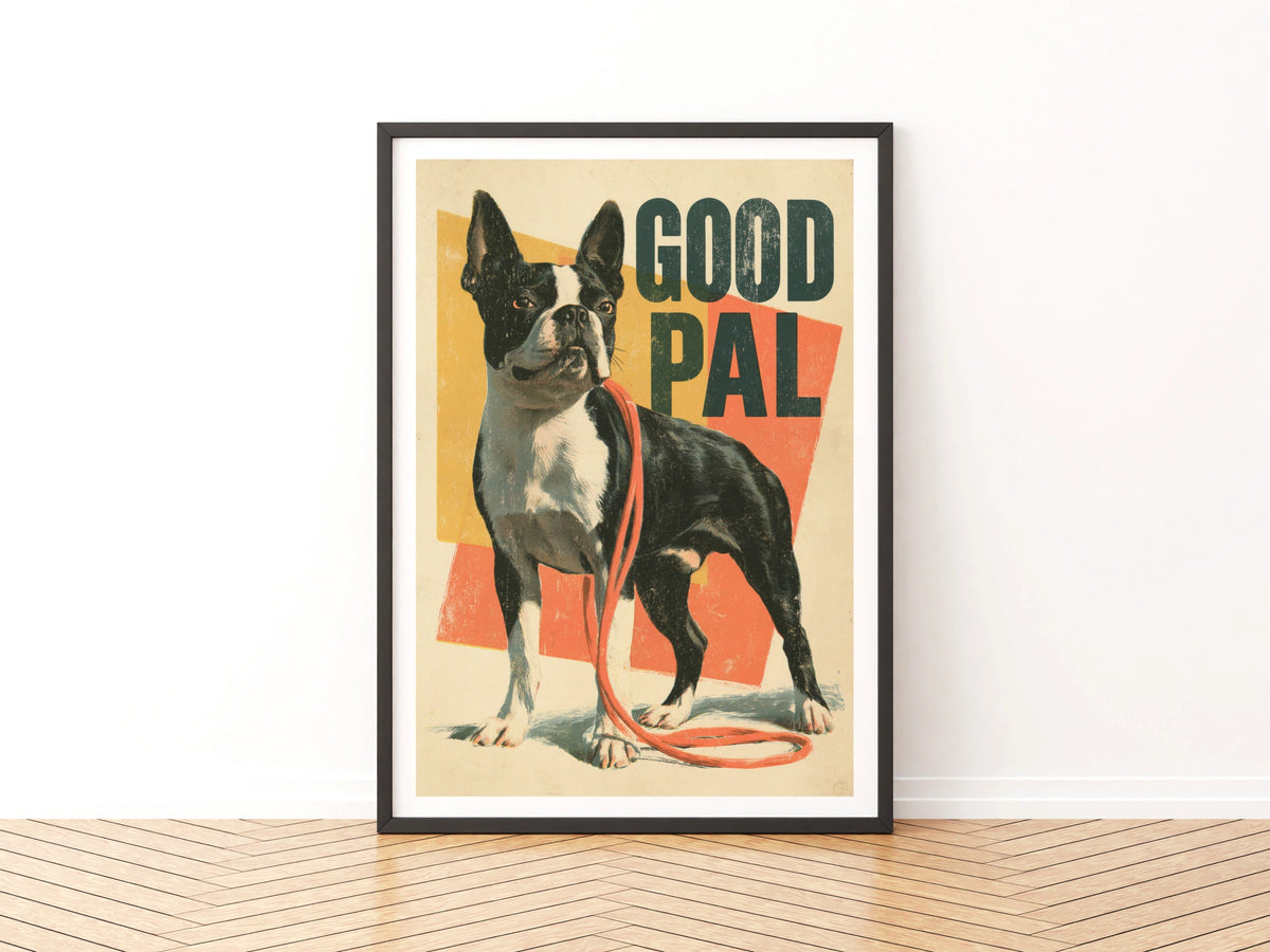 Boston Terrier Retro Dog Print, Good Pal Vintage Poster, Folk Wall Art Gift
