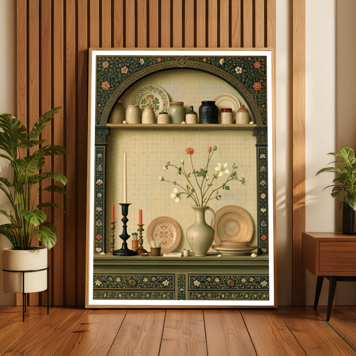 Classic Kitchen Shelf Still Life Print, Vintage Pottery Floral Wall Art Poster