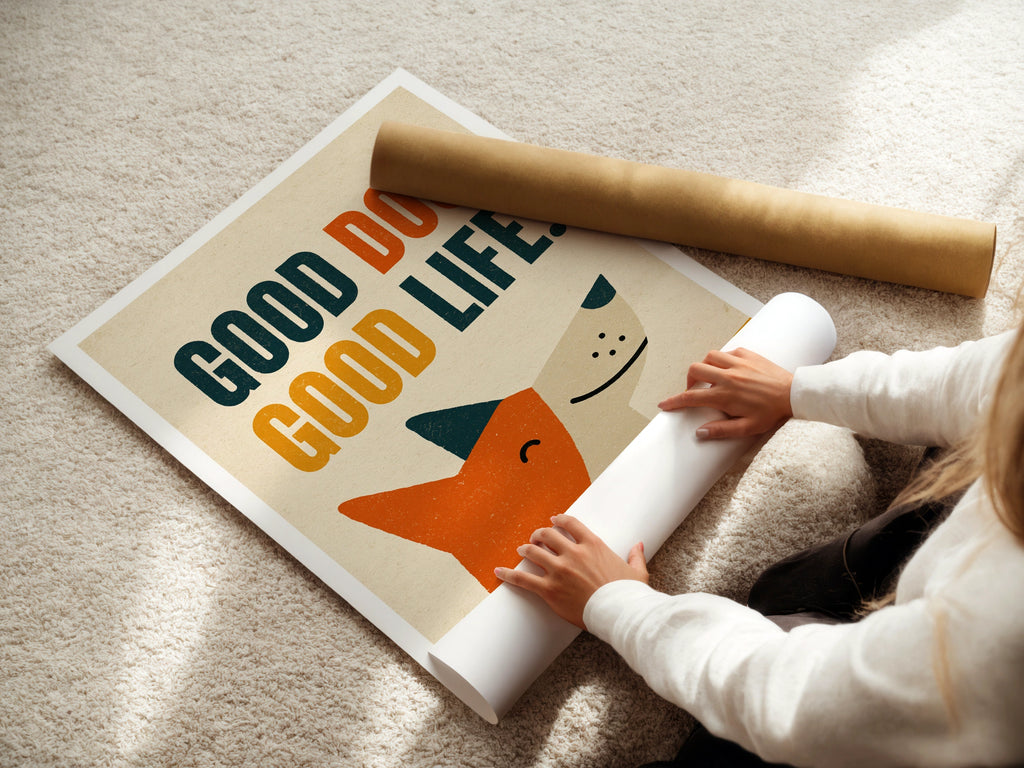 Good Dog Good Life retro dog print, folk art wall print, dog lover gift, vintage style