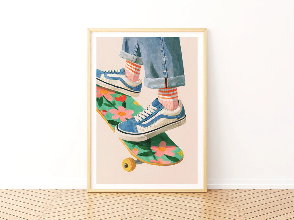 Retro Skater Print, Floral Skateboard Poster, Kids Room Wall Art, Colourful Children's Collectable
