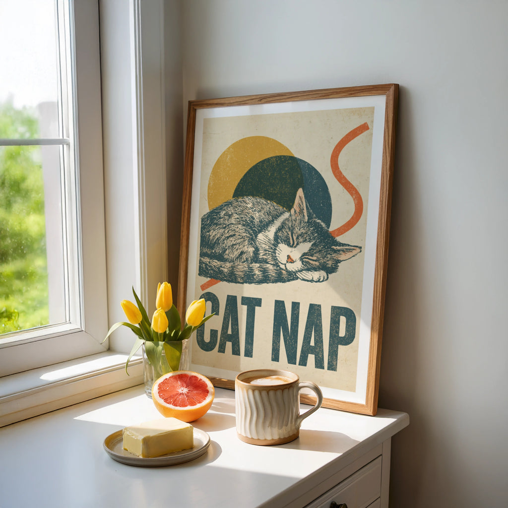 Cat Nap Retro Print, Sleeping Cat Wall Art, Vintage Folk Style Cat Lover Gift
