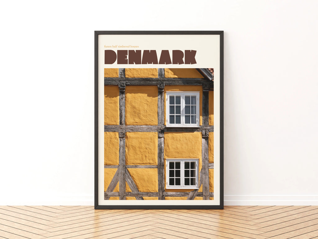 Denmark Contemporary Travel Poster, Funen Half Timbered Houses, Scandinavian Wall Art Print