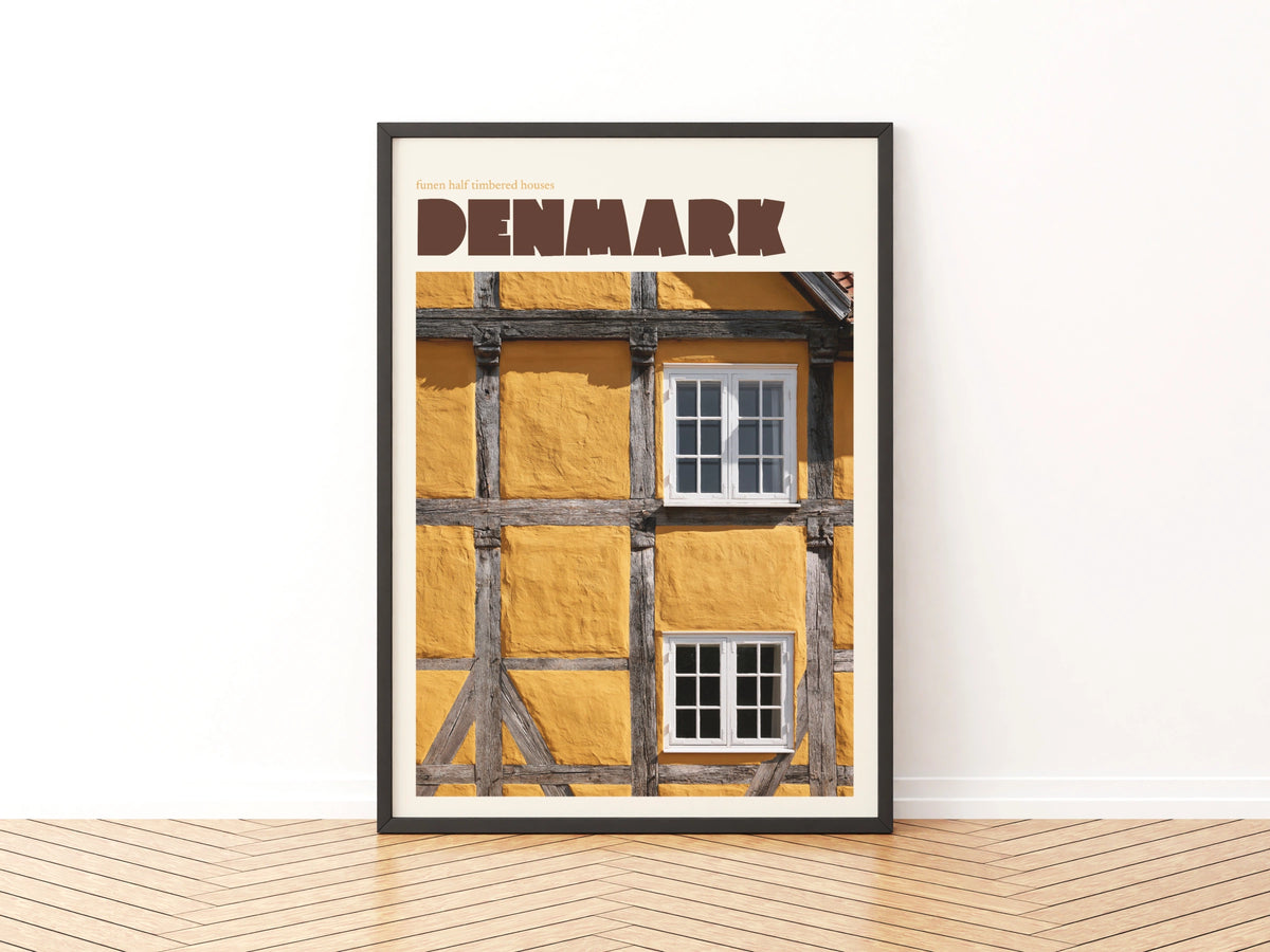 Denmark Contemporary Travel Poster, Funen Half Timbered Houses, Scandinavian Wall Art Print