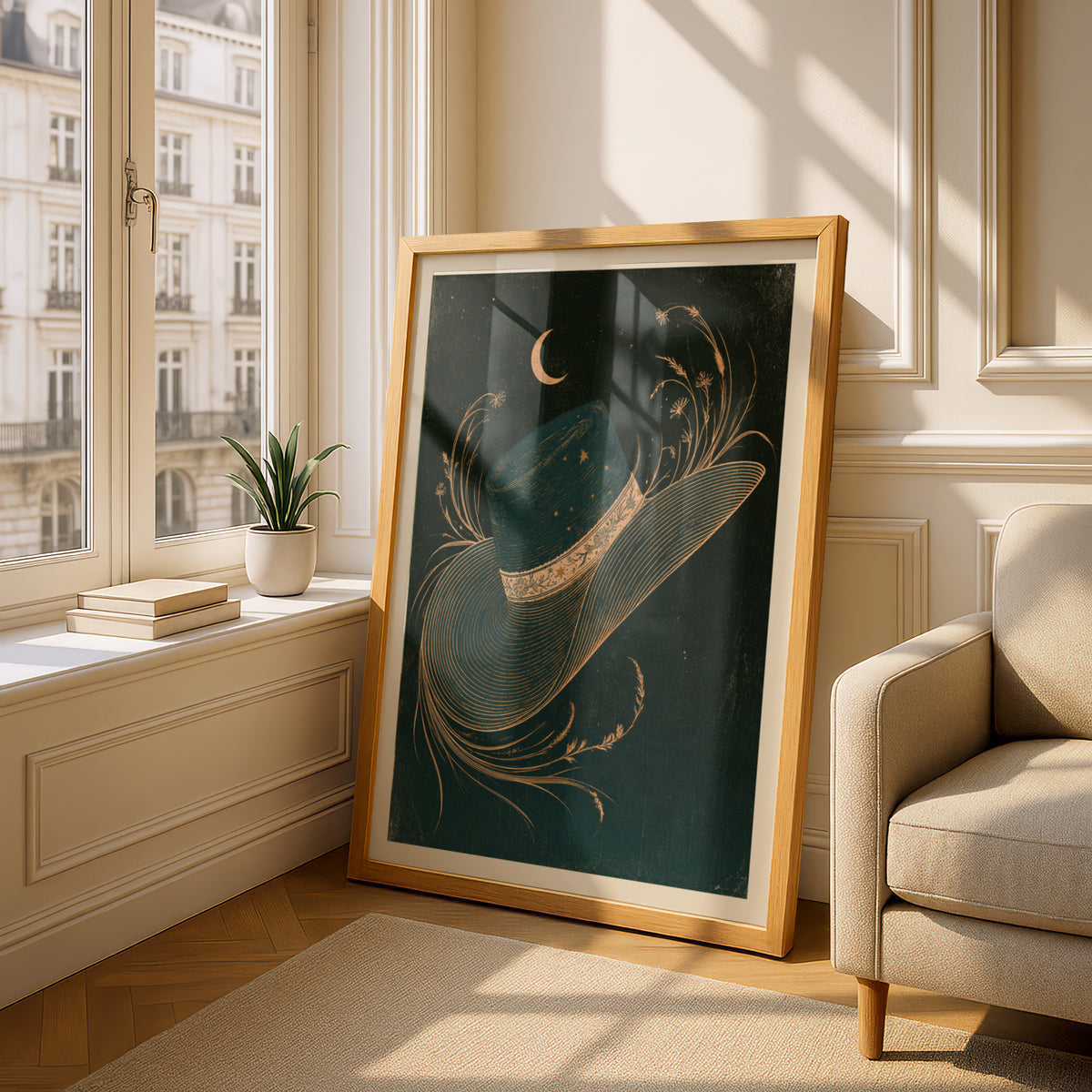 Celestial Straw Hat Art Print, Crescent Moon, Wildflowers, Dark Green Gold Boho Wall Decor Poster