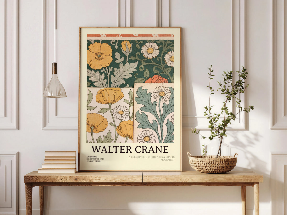 Walter Crane Poster, Arts and Crafts Floral Wall Art, Poppies and Daisies Print, Botanical
